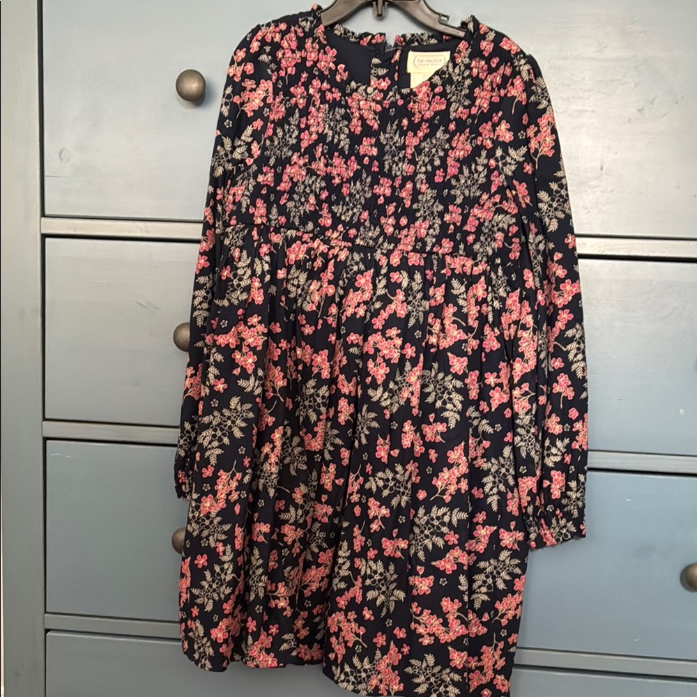 Pink and Navy Casual Dress with Bishop Sleeves
